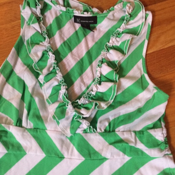 Bright Green White Striped Ruffle Vneck Dress L - Picture 2 of 7